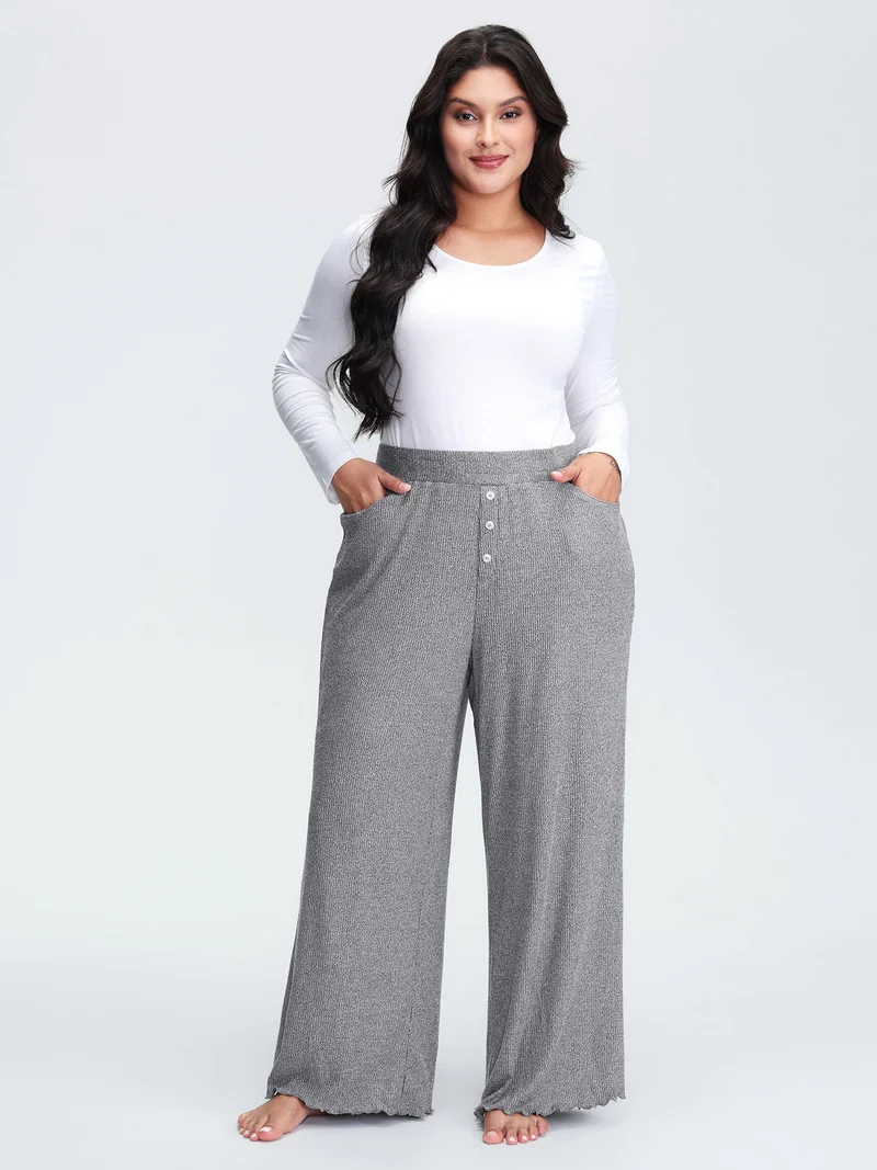 Button Detail Mixed Color Knit Lounge Bottoms