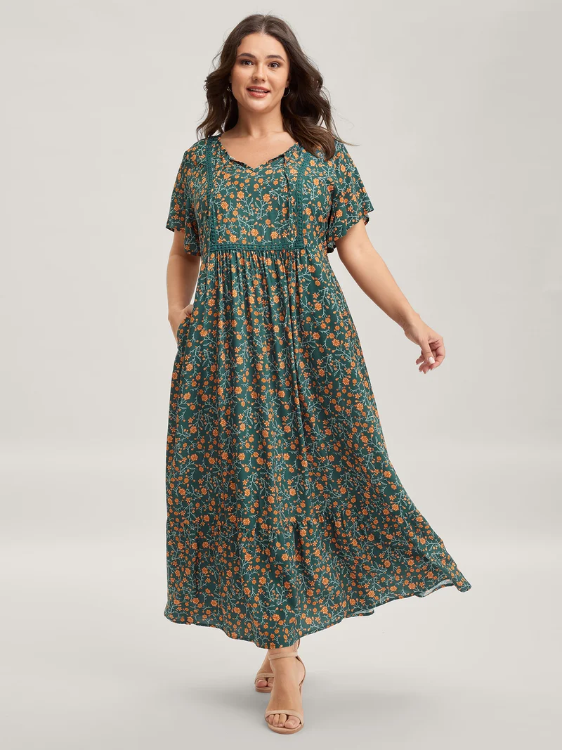 Floral Artificial Cotton Lace Pockets Maxi Dress