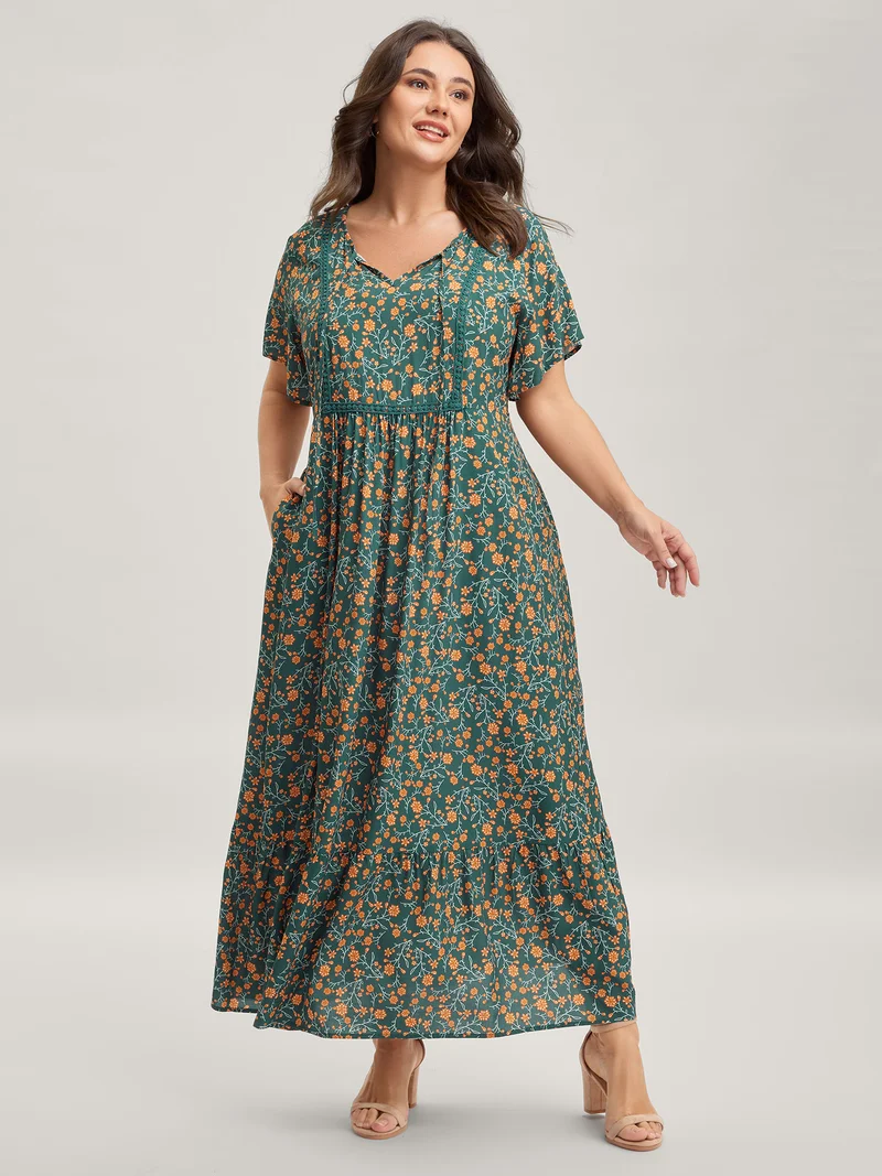 Floral Artificial Cotton Lace Pockets Maxi Dress