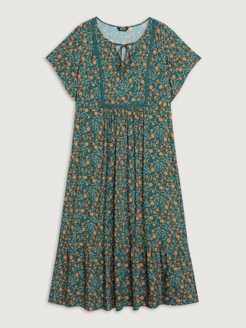 Floral Artificial Cotton Lace Pockets Maxi Dress