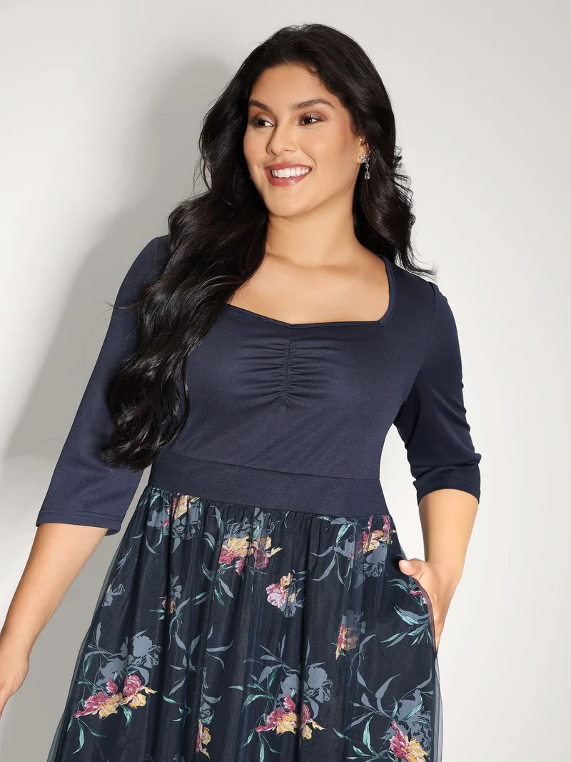 Floral Print Mesh Shirred Waist Midi Dress