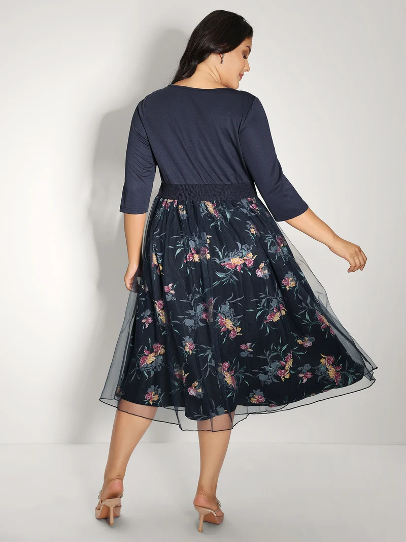 Floral Print Mesh Shirred Waist Midi Dress
