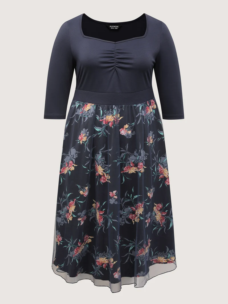 Floral Print Mesh Shirred Waist Midi Dress