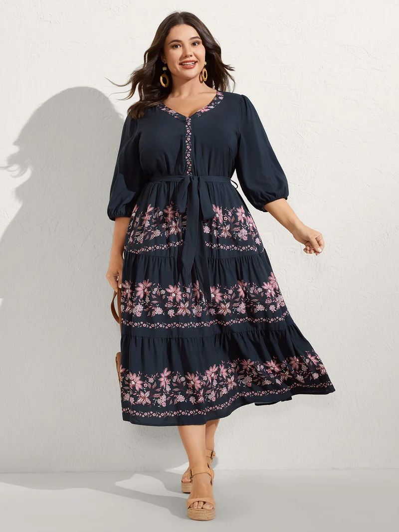 Floral Position Print Belted Maxi Dress