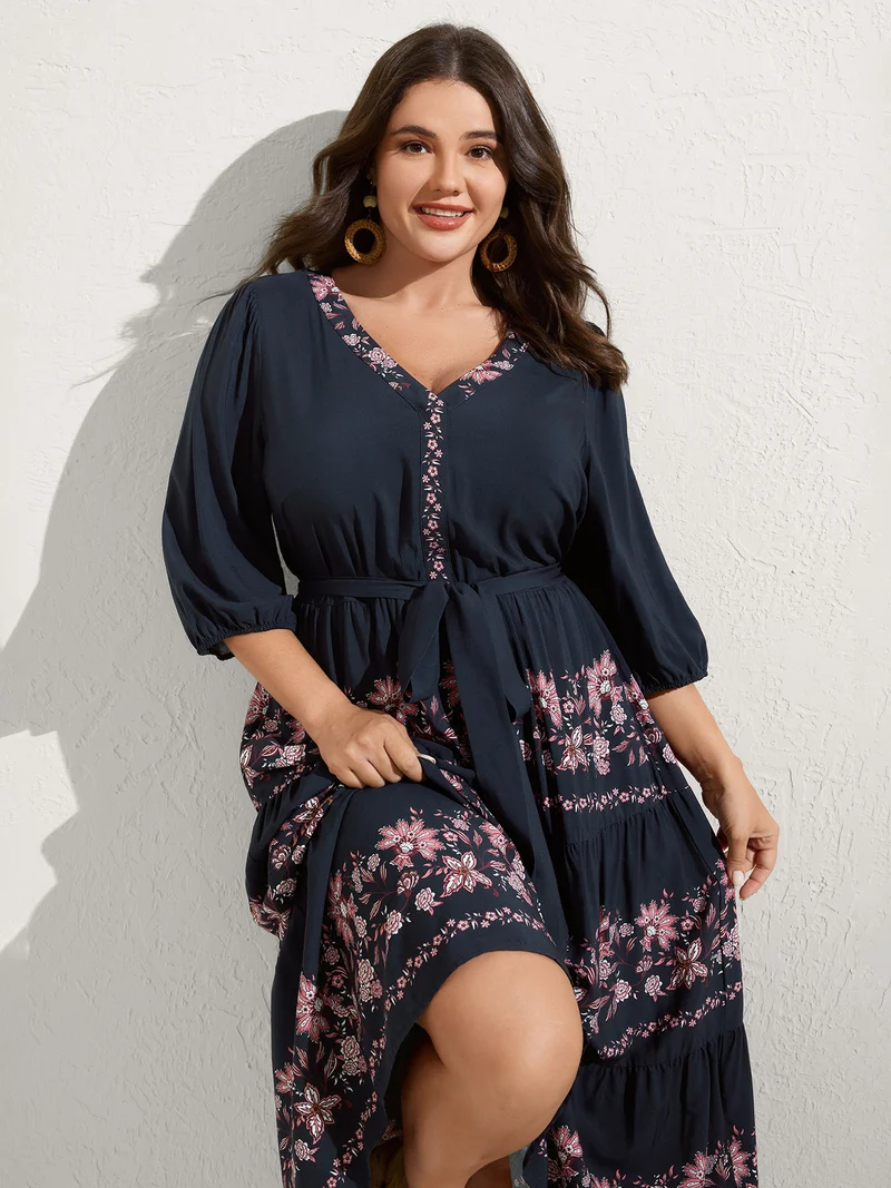 Floral Position Print Belted Maxi Dress