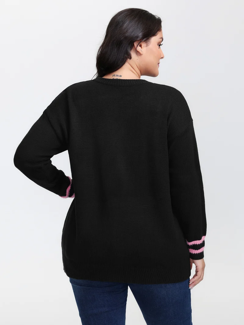 Heart Motif Textured Contrast Pullover