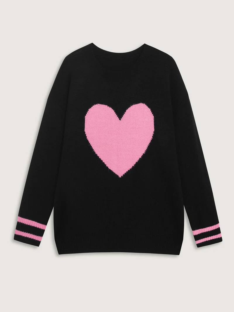Heart Motif Textured Contrast Pullover