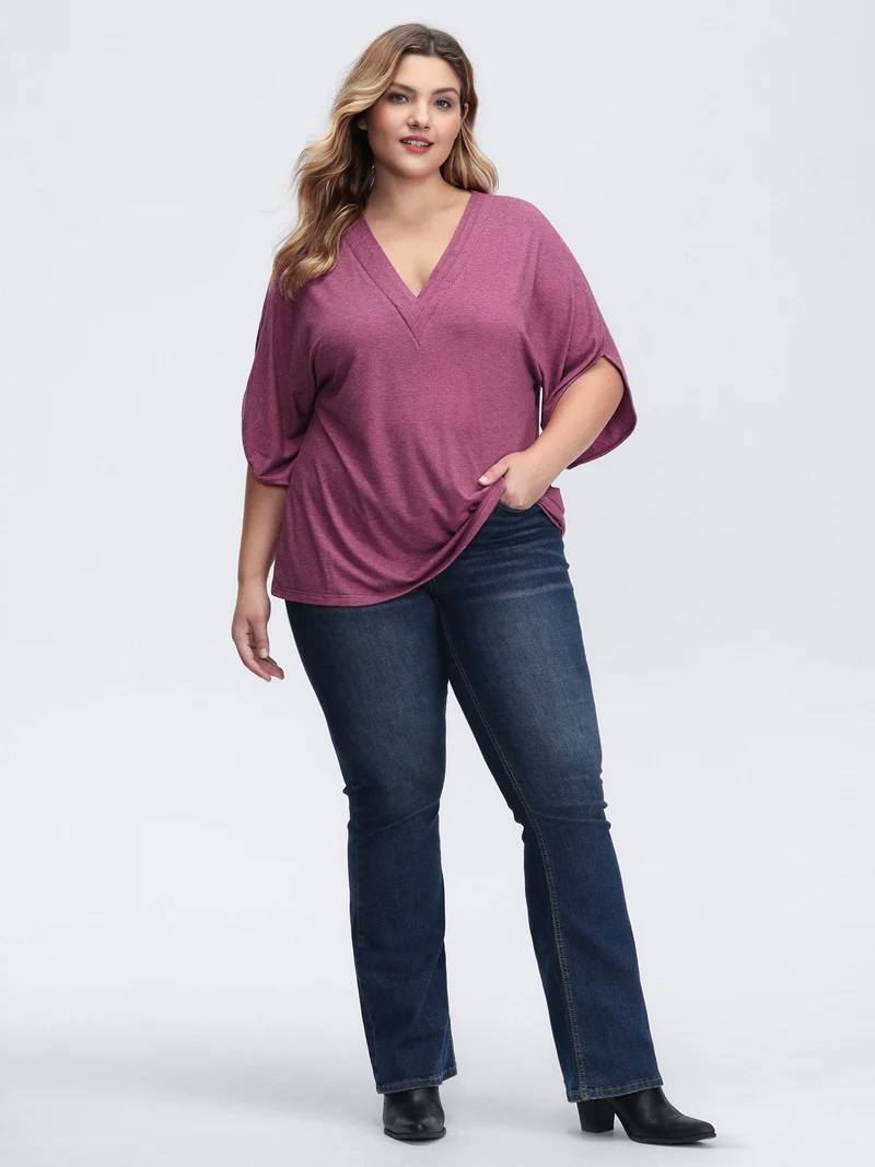 V-Neck Plicated Detail Bat Sleeve T-Shirt