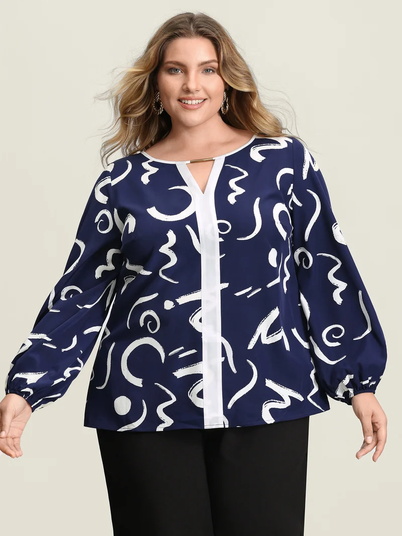 Scribble Print Color Contrast Cut-Out Blouse