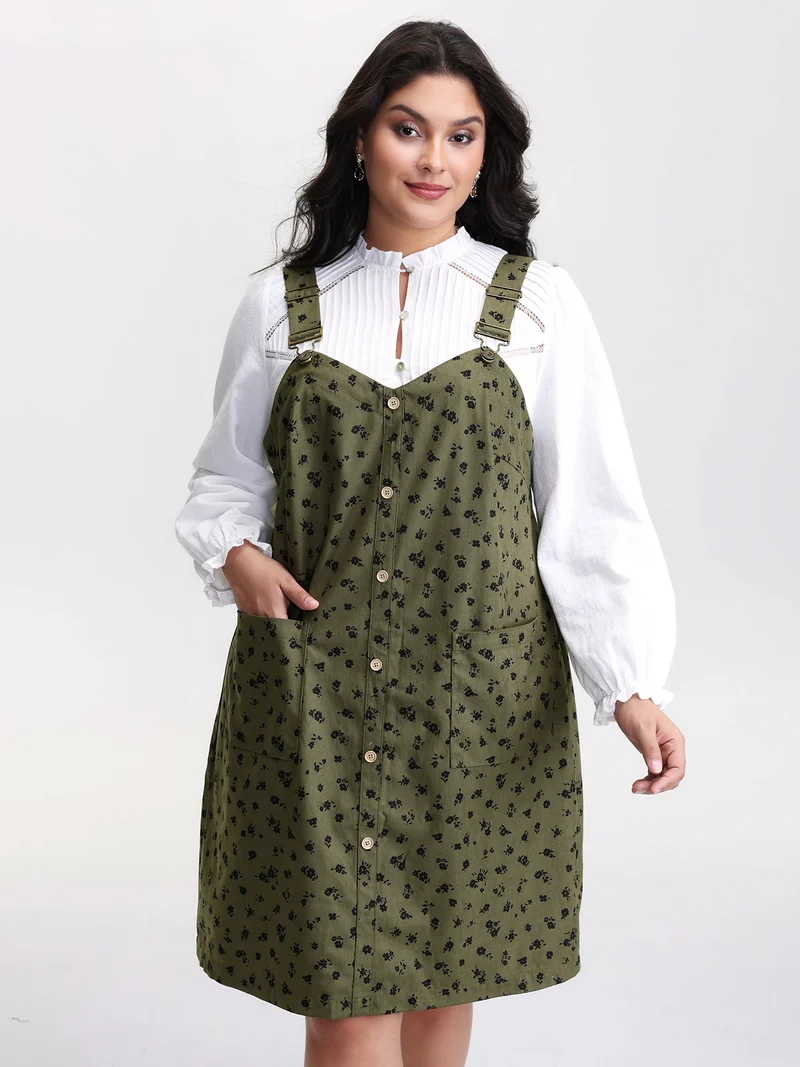 Floral Print Textured Overall Adjustable Midi Dress