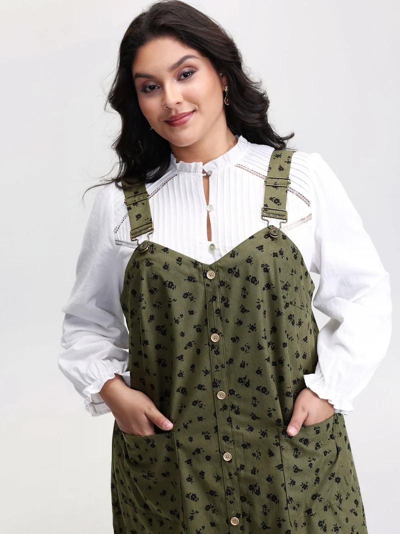 Floral Print Textured Overall Adjustable Midi Dress