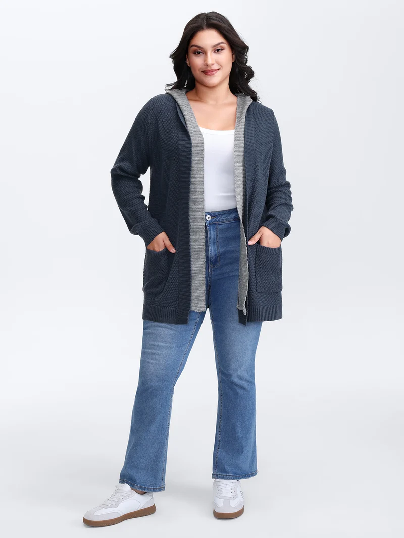 Textured Color Contrast Hooded Pocket Knit Cardigan