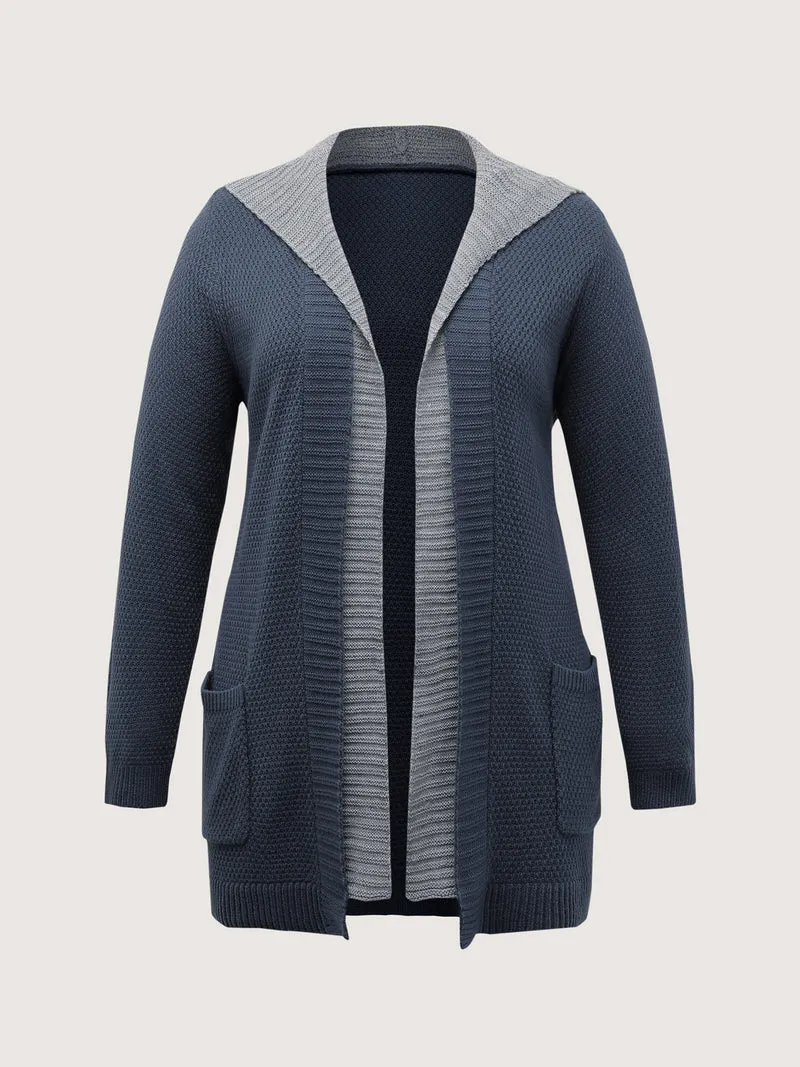 Textured Color Contrast Hooded Pocket Knit Cardigan