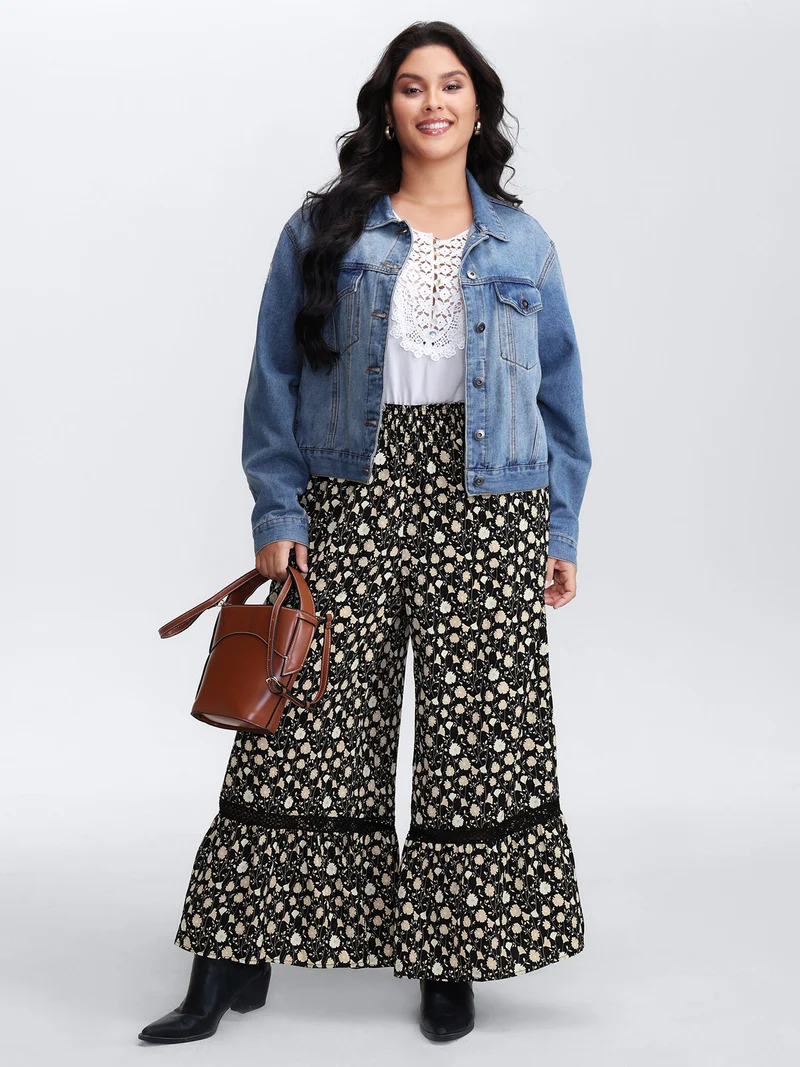 Floral Print Shirred Wide Waistband Tiered Pants