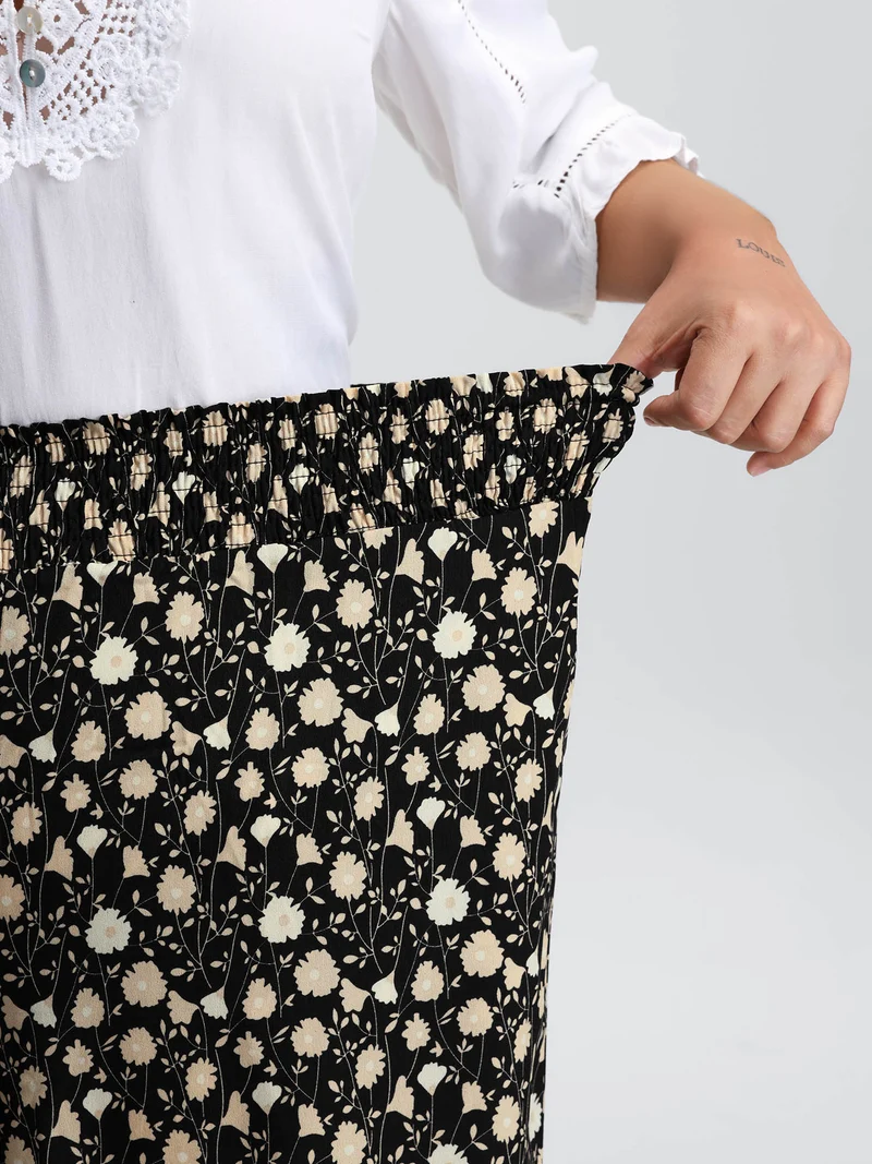 Floral Print Shirred Wide Waistband Tiered Pants