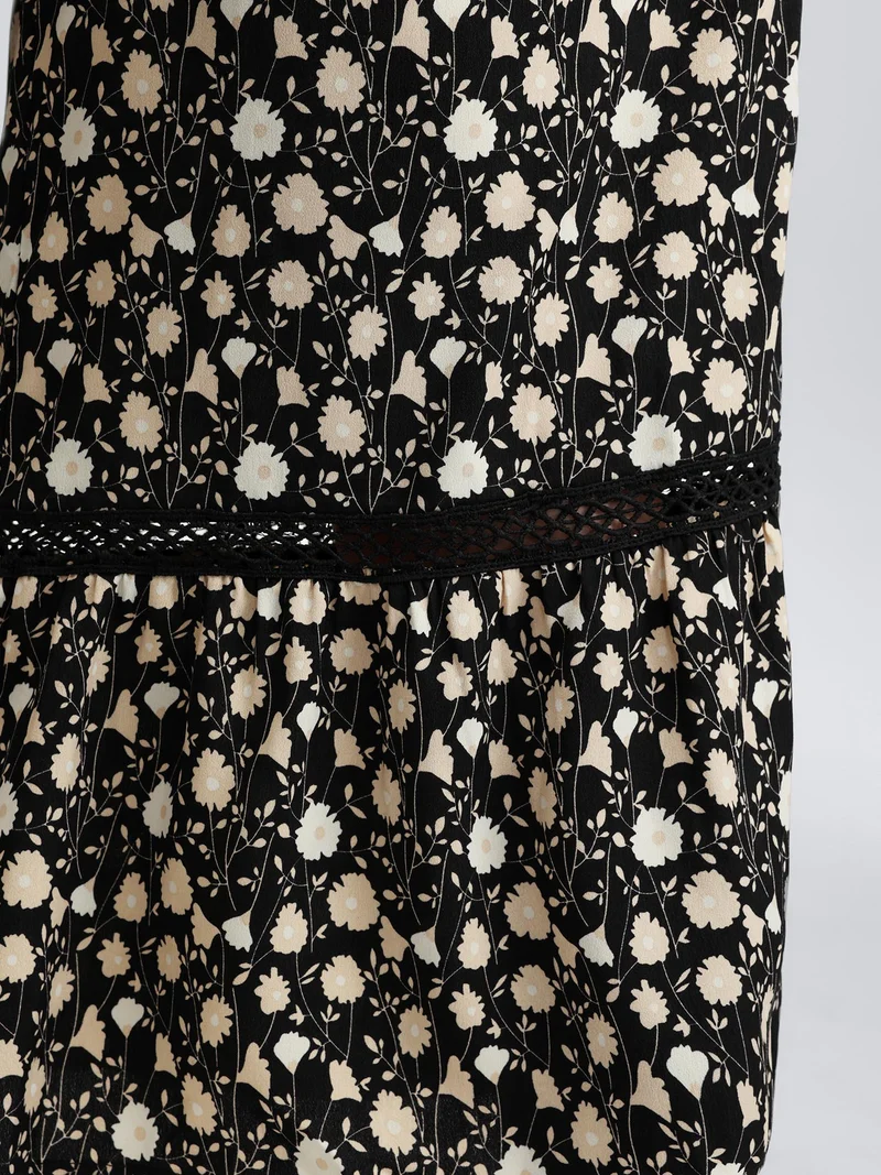Floral Print Shirred Wide Waistband Tiered Pants