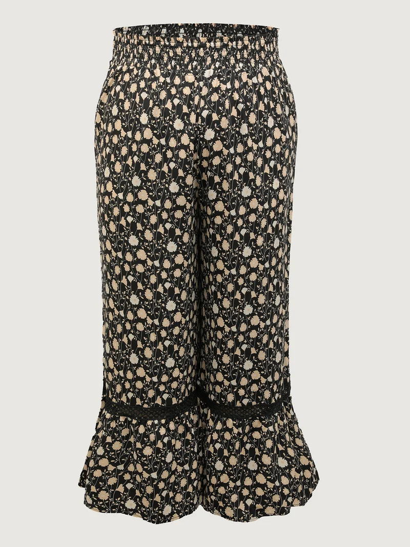 Floral Print Shirred Wide Waistband Tiered Pants