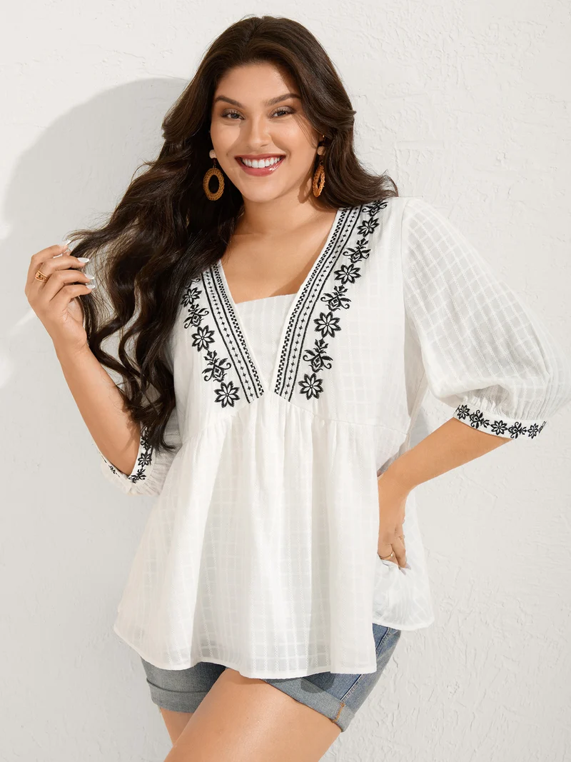 Pure Cotton Boho Embroidery Textured Blouse