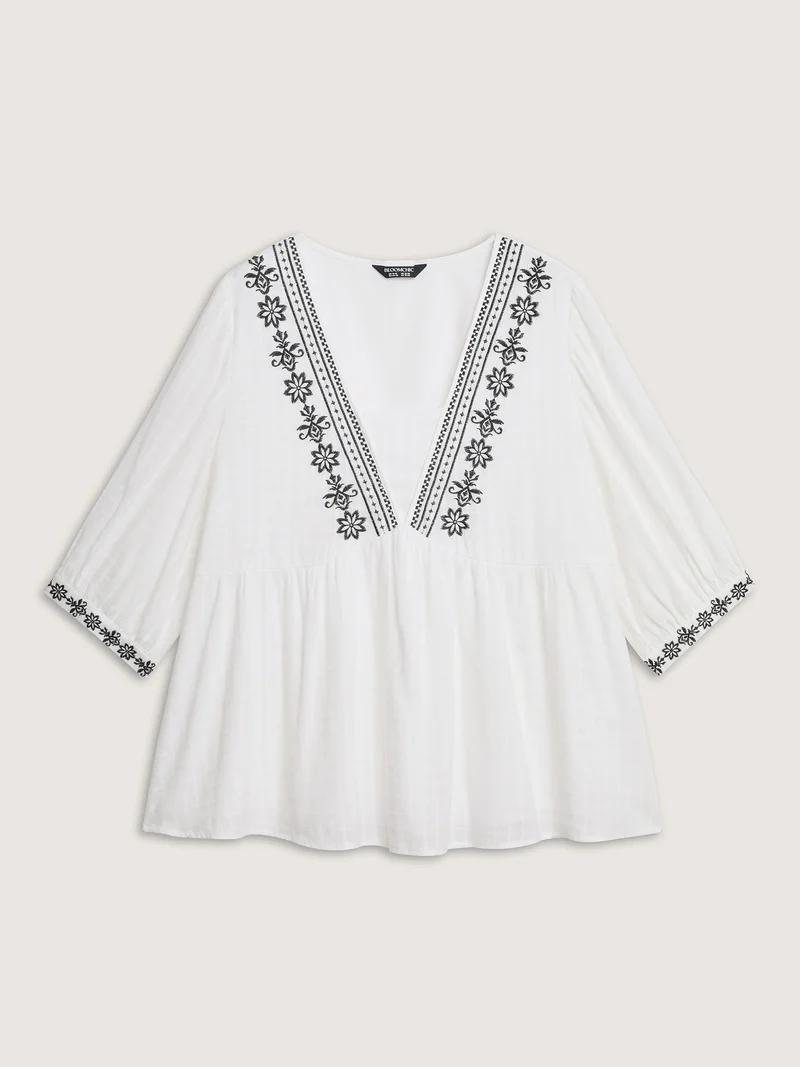 Pure Cotton Boho Embroidery Textured Blouse