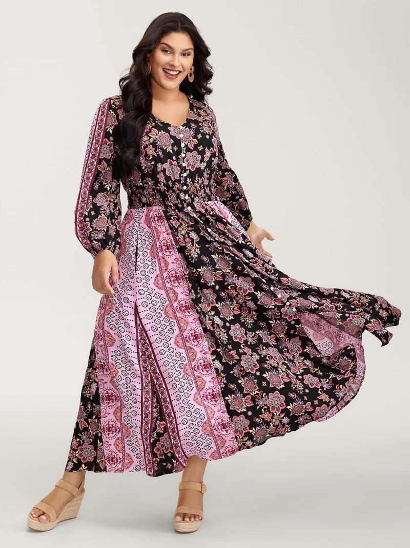 Floral Print Contrast Stripe Button Maxi Dress