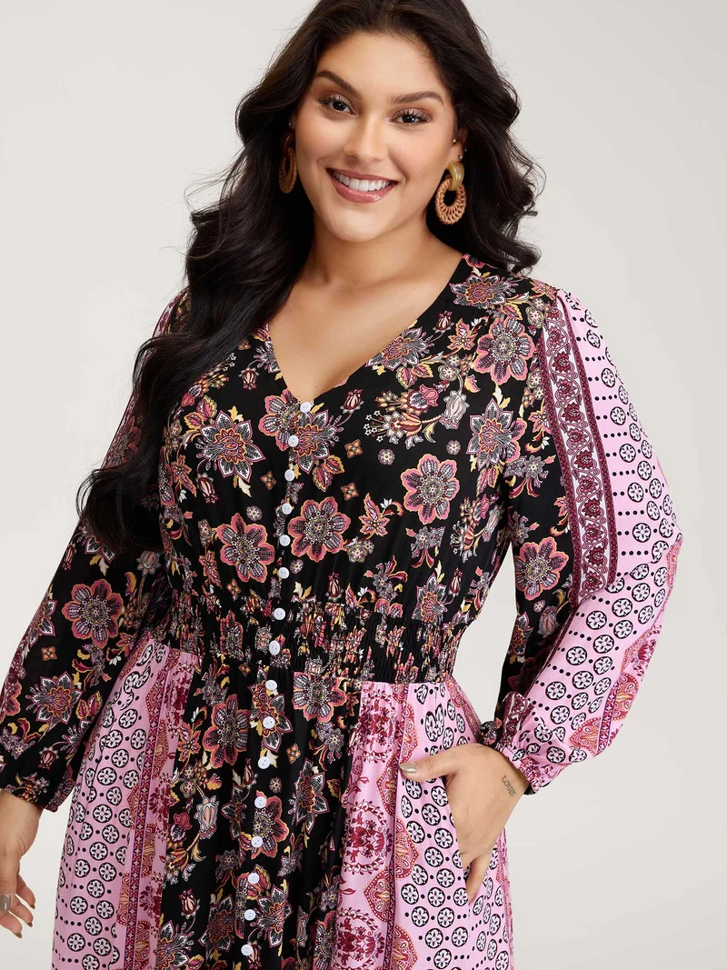 Floral Print Contrast Stripe Button Maxi Dress
