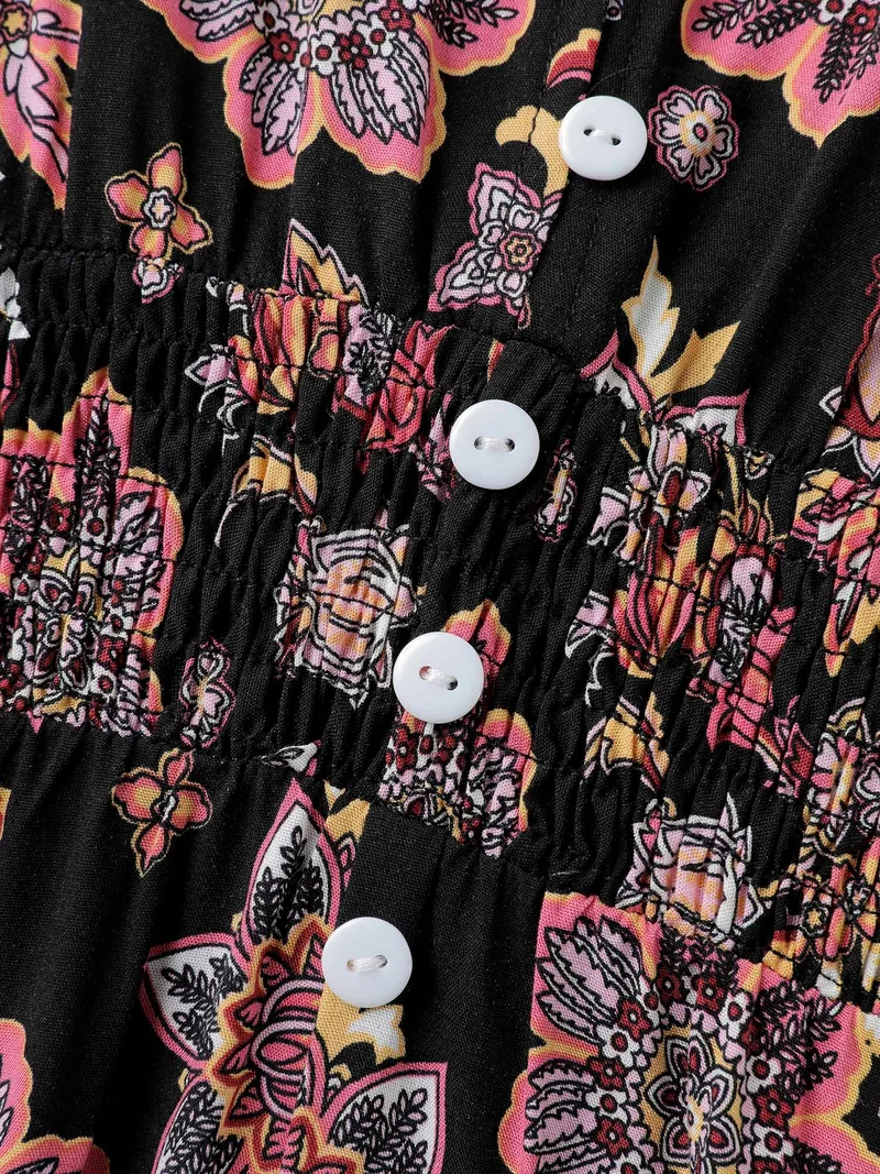 Floral Print Contrast Stripe Button Maxi Dress