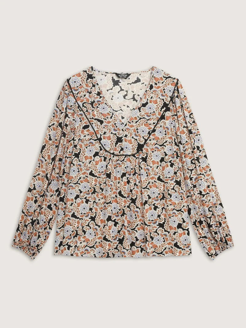 Floral Print Pleated Flowy Blouse