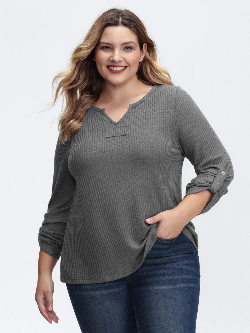Notched Neck Tab Sleeve Waffle T-Shirt