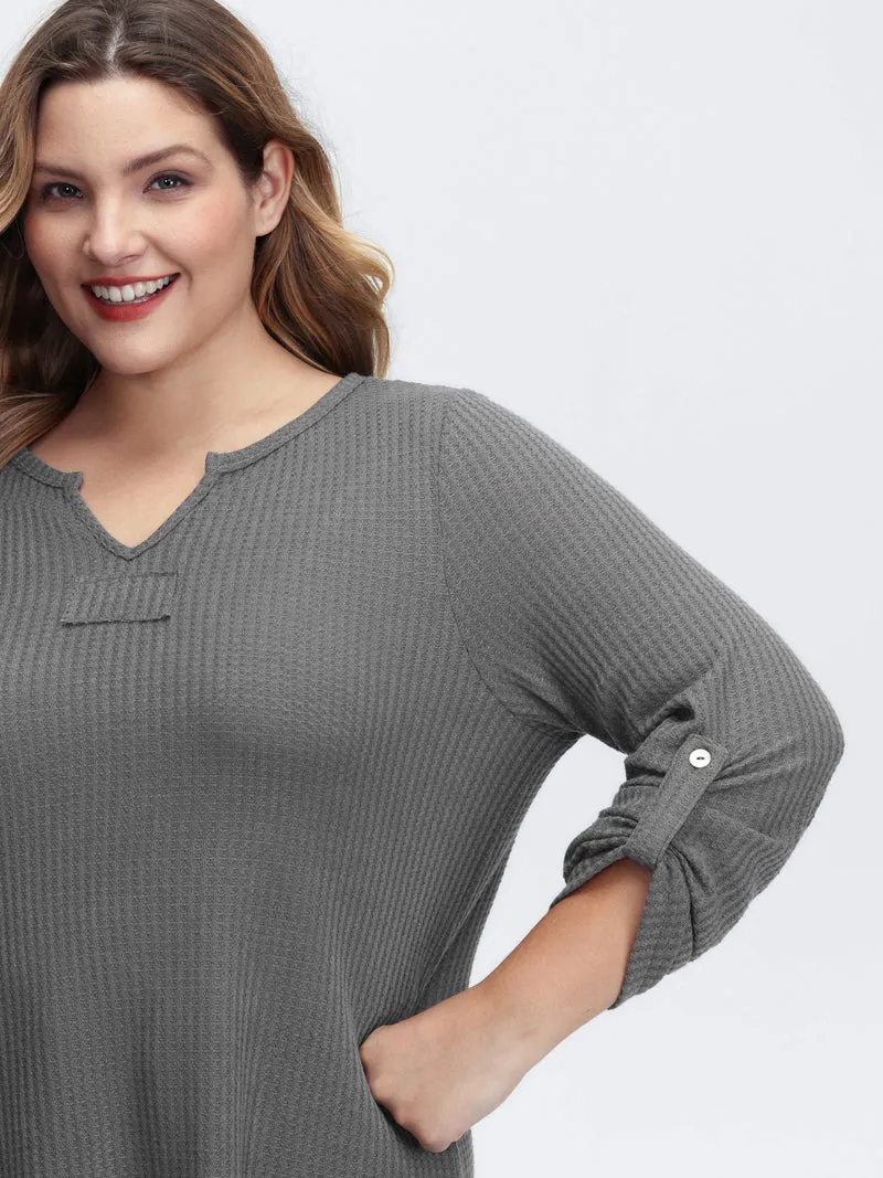 Notched Neck Tab Sleeve Waffle T-Shirt
