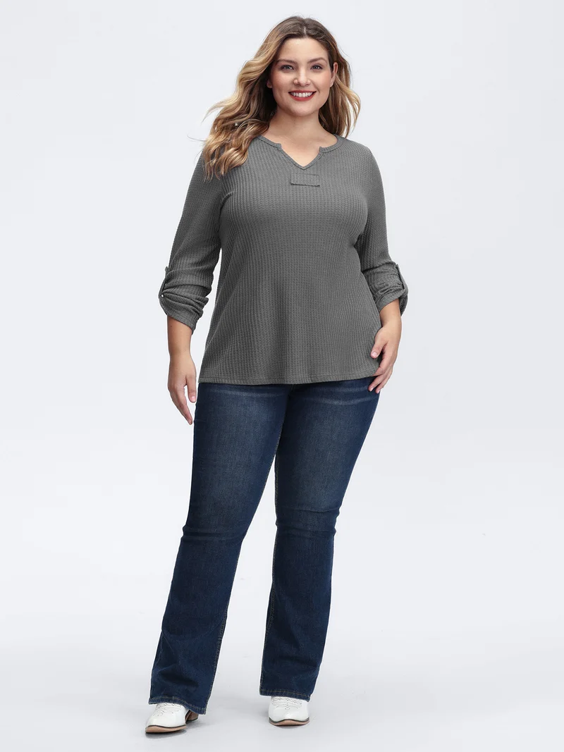 Notched Neck Tab Sleeve Waffle T-Shirt