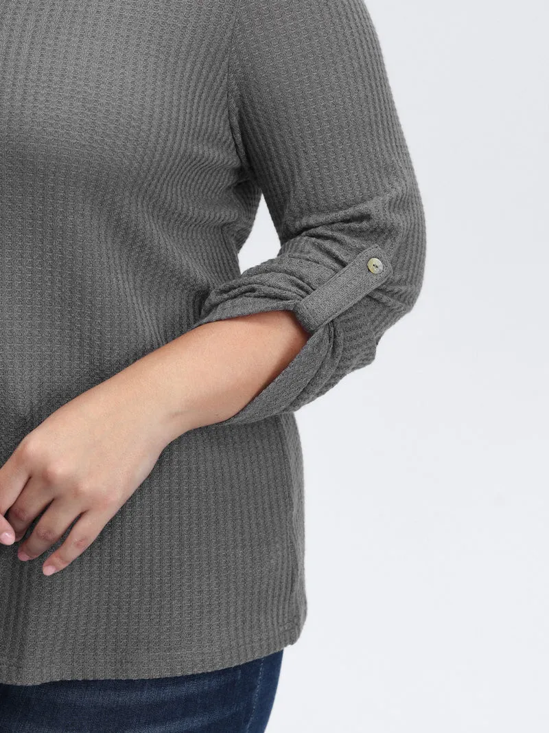 Notched Neck Tab Sleeve Waffle T-Shirt