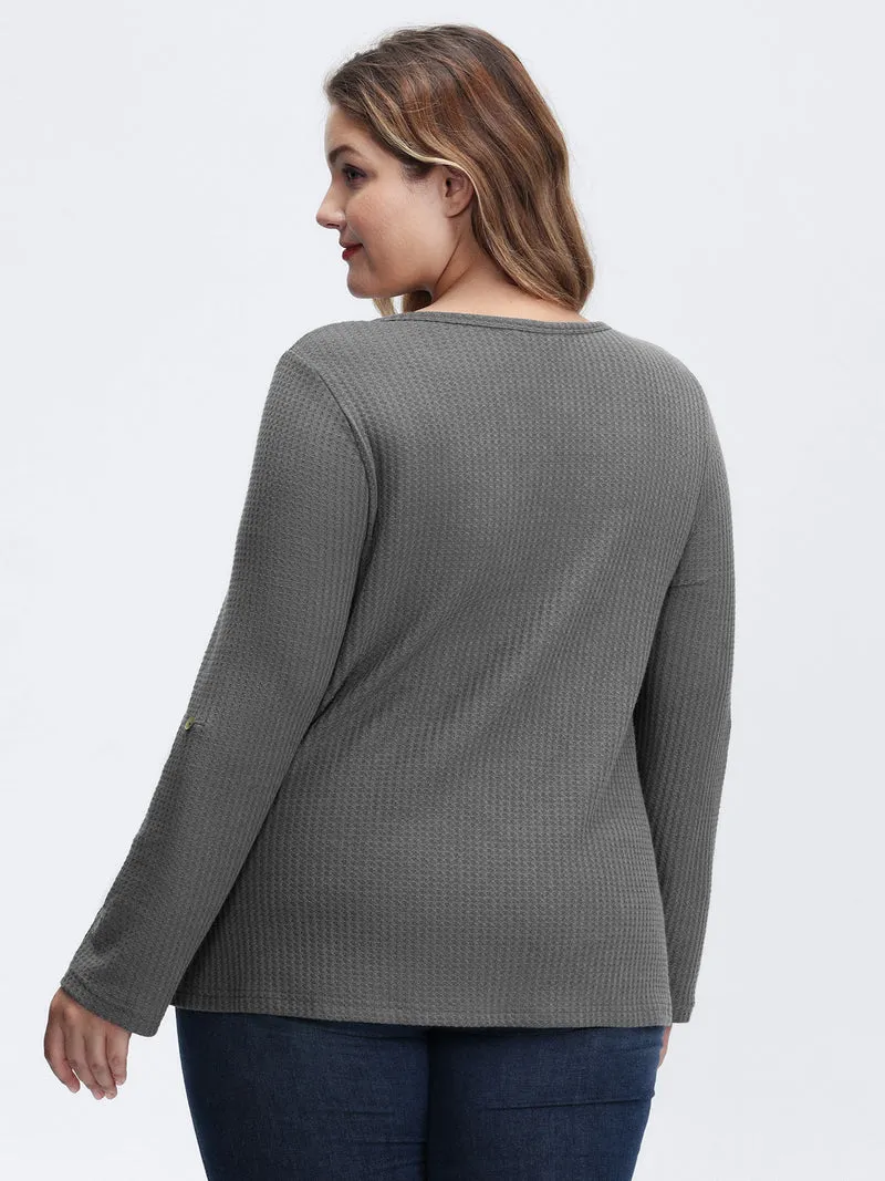 Notched Neck Tab Sleeve Waffle T-Shirt
