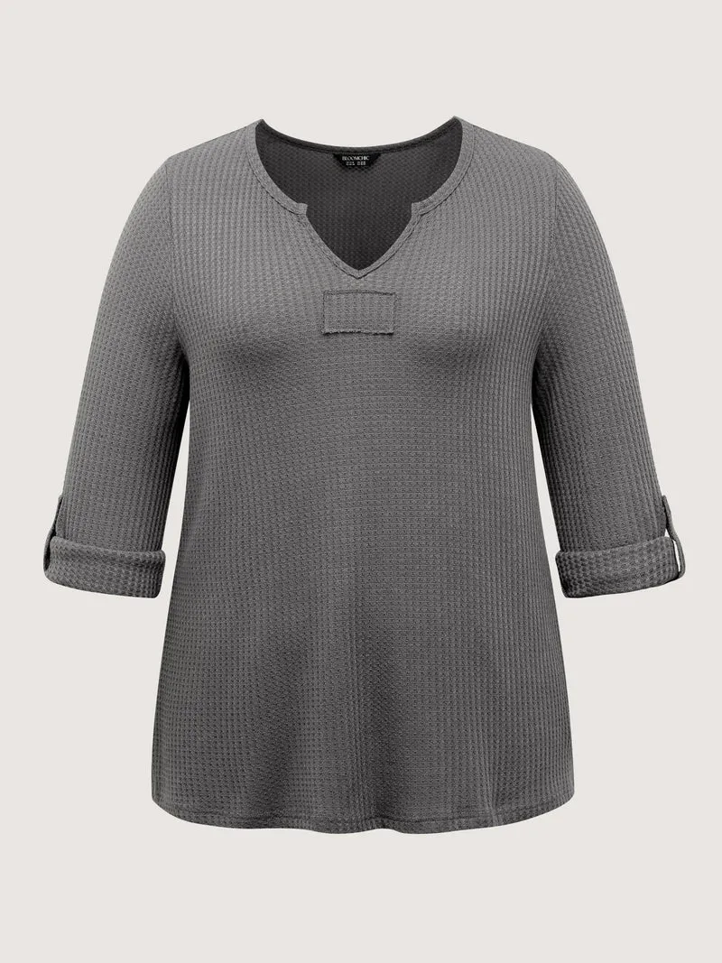 Notched Neck Tab Sleeve Waffle T-Shirt