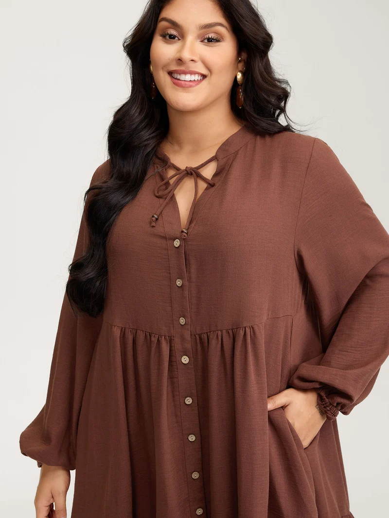 Drawstring Neck Tiered Balloon Sleeve Midi Dress