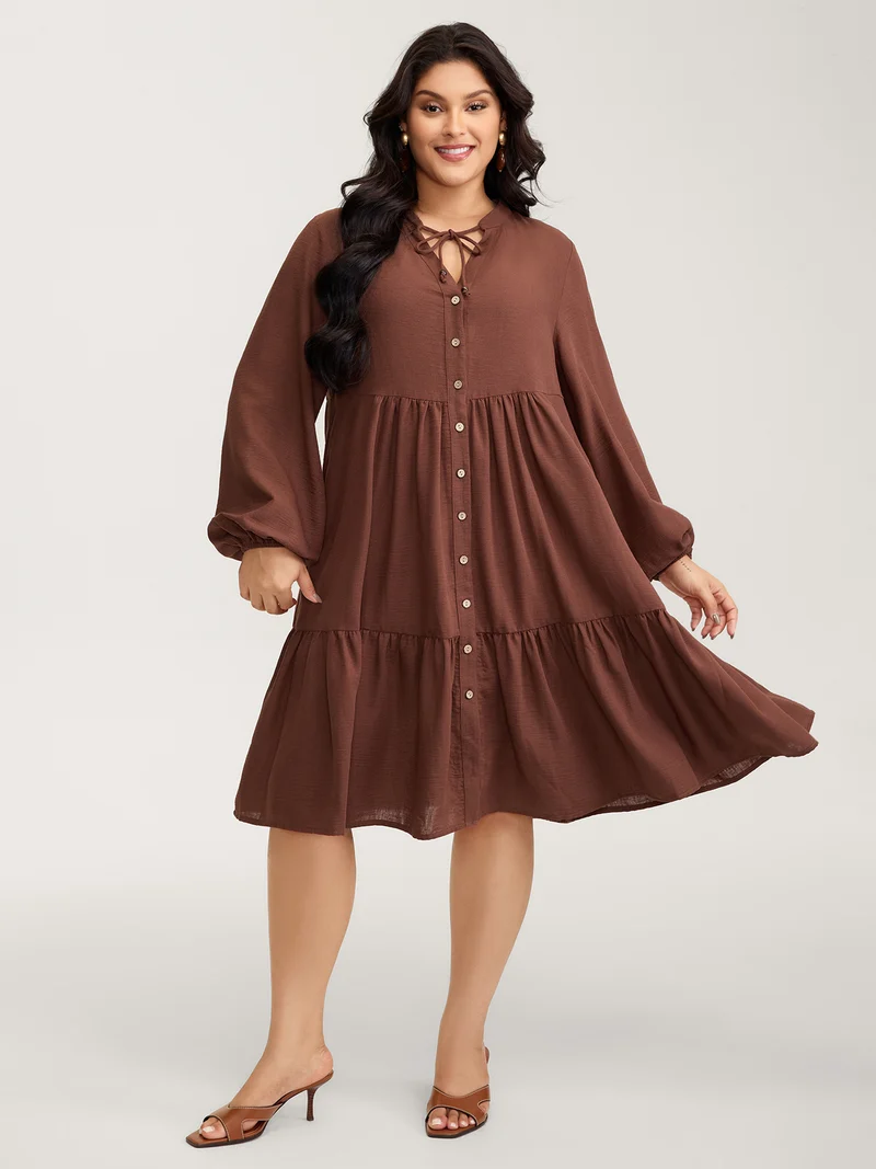 Drawstring Neck Tiered Balloon Sleeve Midi Dress
