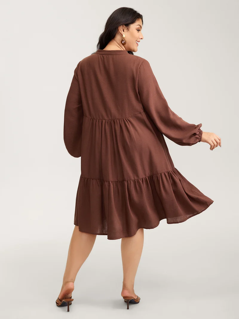 Drawstring Neck Tiered Balloon Sleeve Midi Dress