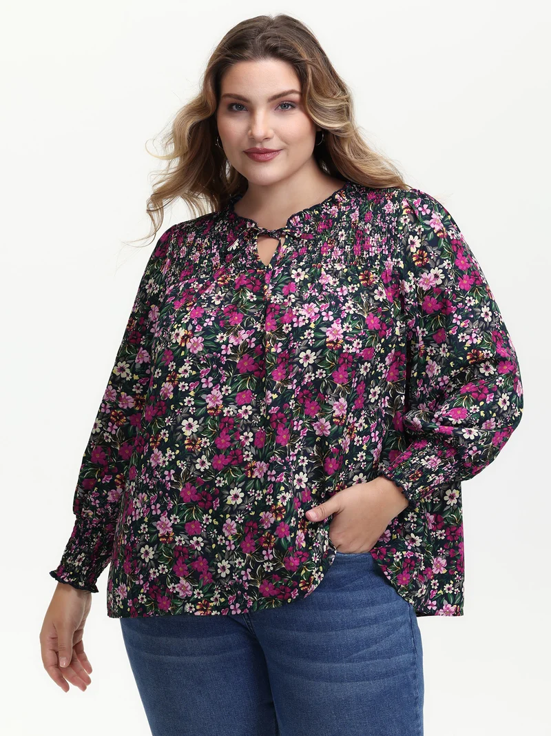Ditsy Floral Shirred Neck Tie Blouse