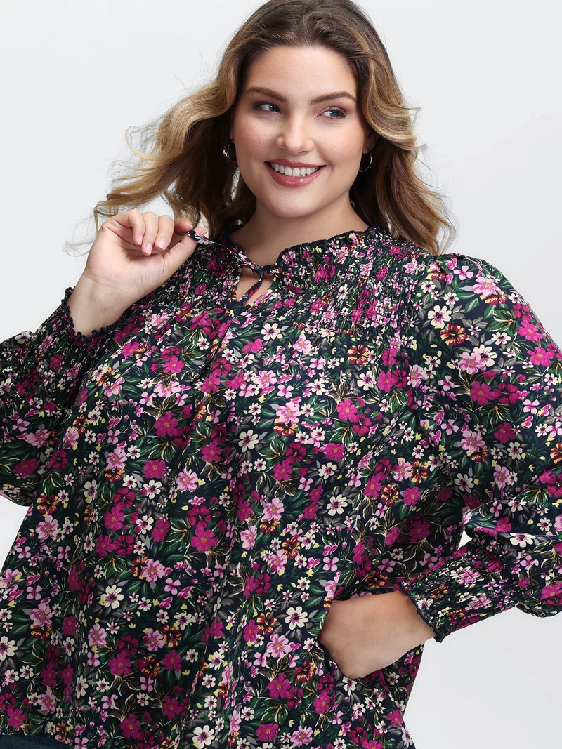 Ditsy Floral Shirred Neck Tie Blouse