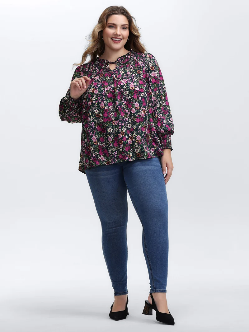 Ditsy Floral Shirred Neck Tie Blouse