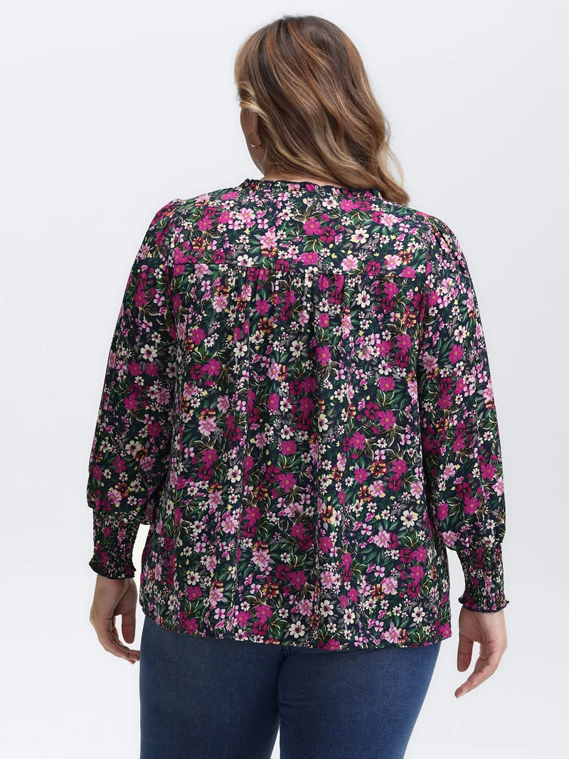 Ditsy Floral Shirred Neck Tie Blouse