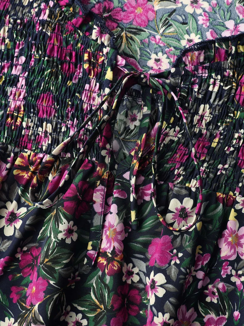 Ditsy Floral Shirred Neck Tie Blouse