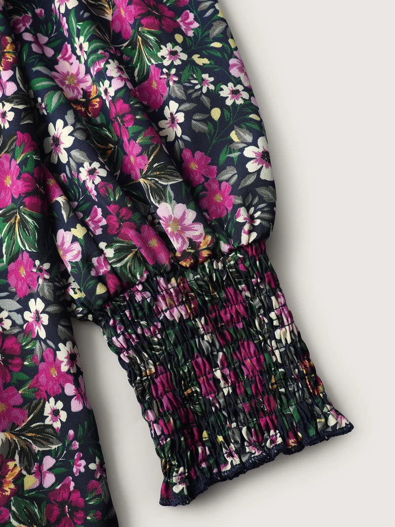 Ditsy Floral Shirred Neck Tie Blouse