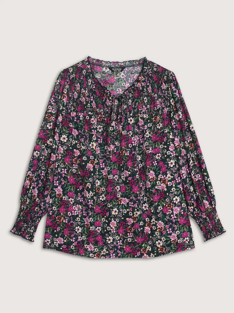 Ditsy Floral Shirred Neck Tie Blouse