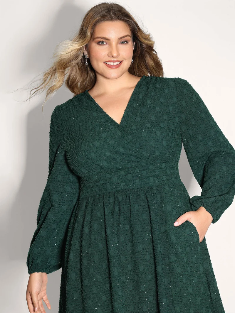 Woven Pleated Waist-Defining Wrap Midi Dress