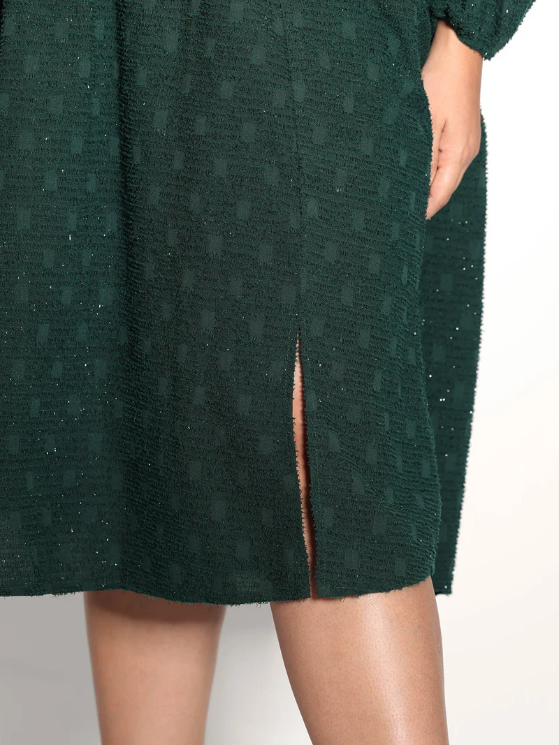 Woven Pleated Waist-Defining Wrap Midi Dress
