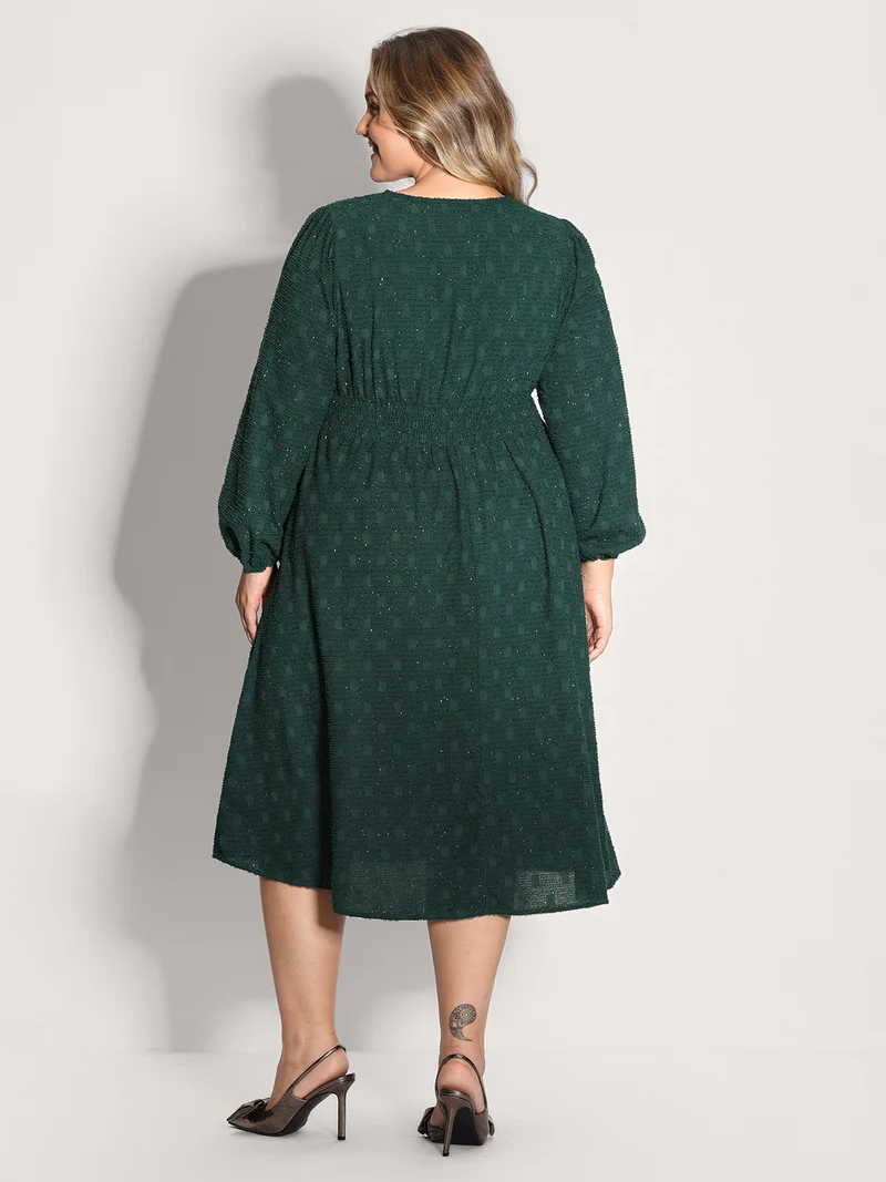 Woven Pleated Waist-Defining Wrap Midi Dress