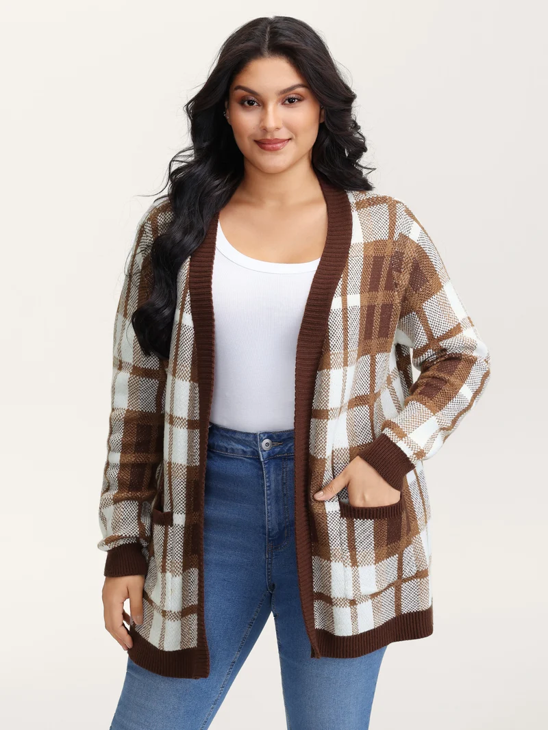 Plaid Jacquard Pattern Knit Cardigan