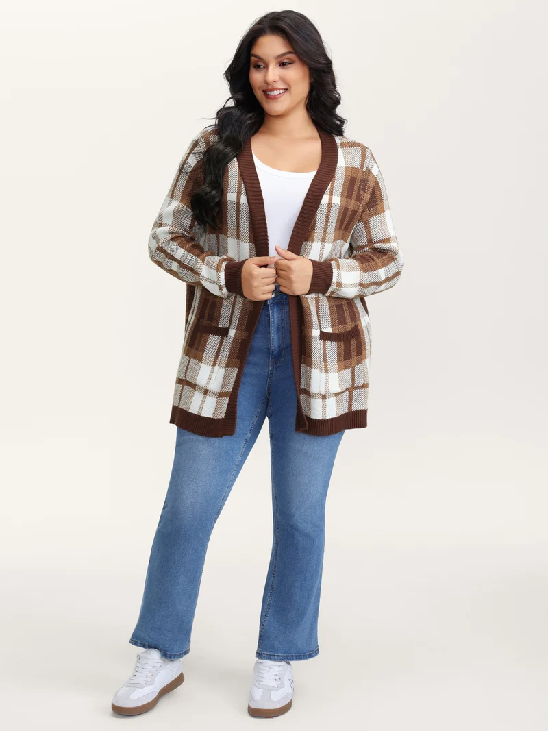 Plaid Jacquard Pattern Knit Cardigan
