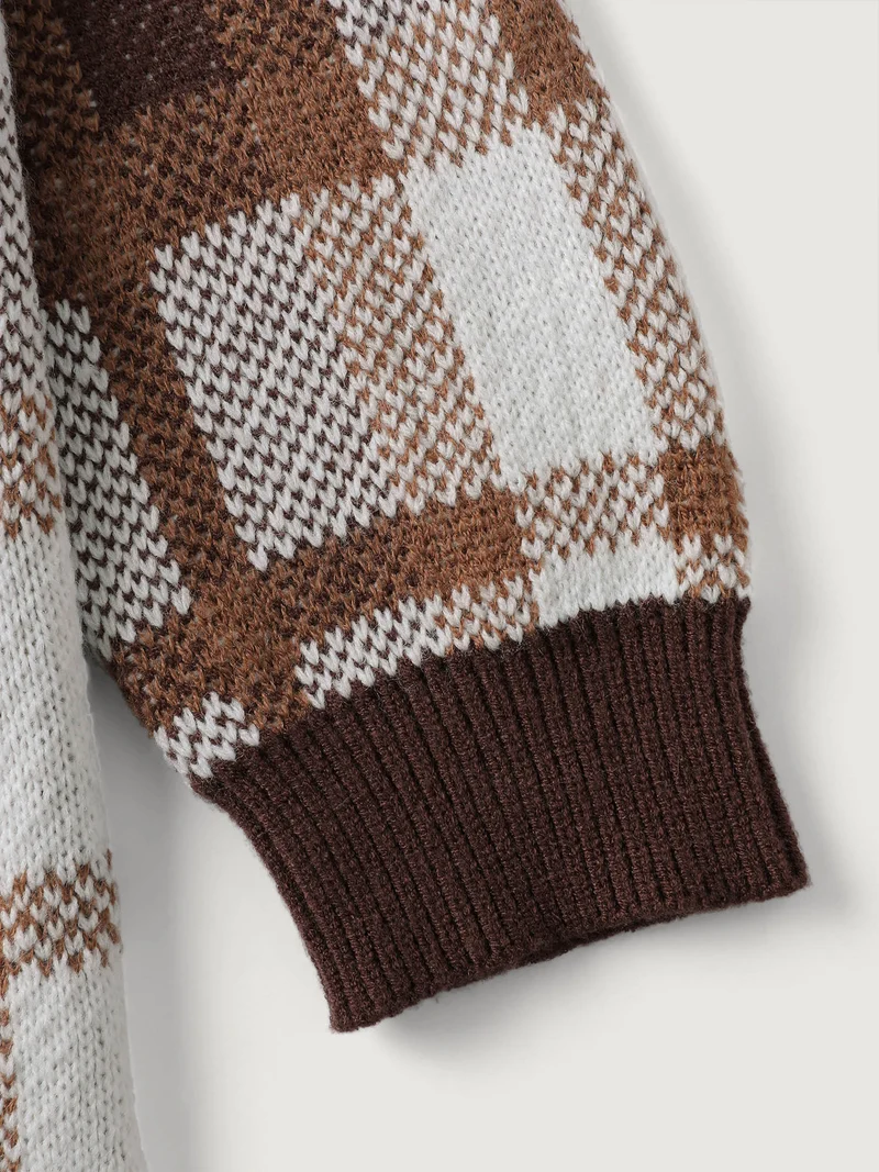 Plaid Jacquard Pattern Knit Cardigan