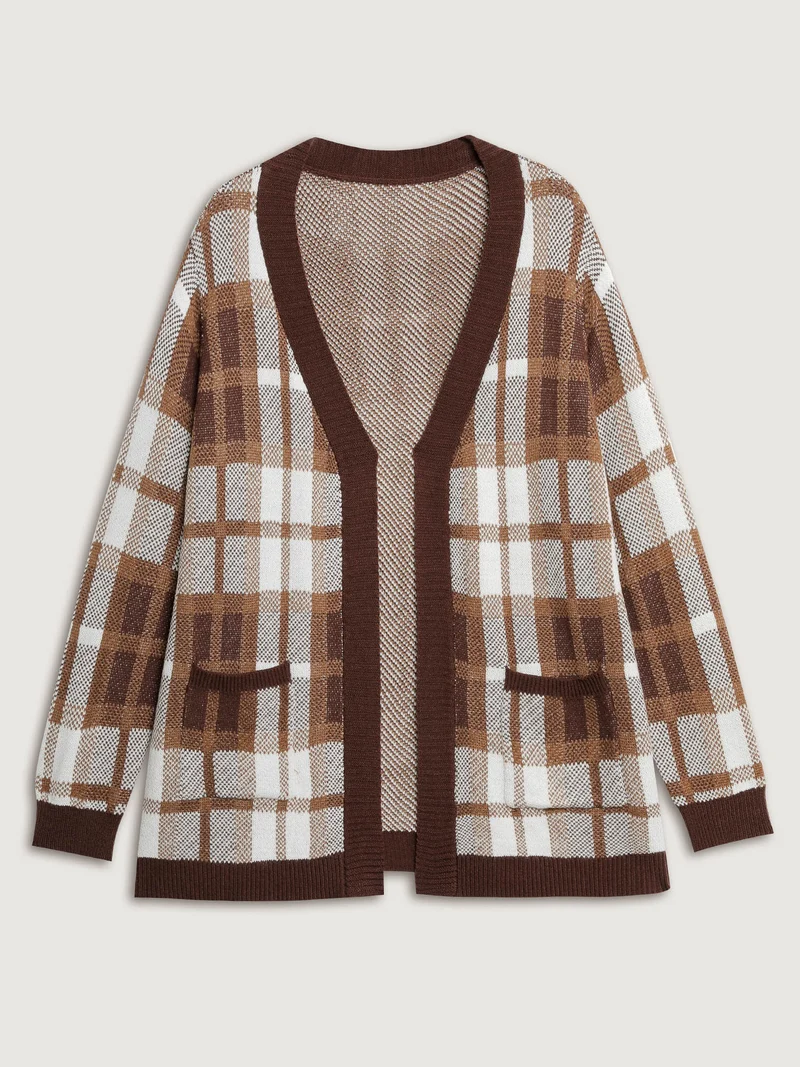 Plaid Jacquard Pattern Knit Cardigan